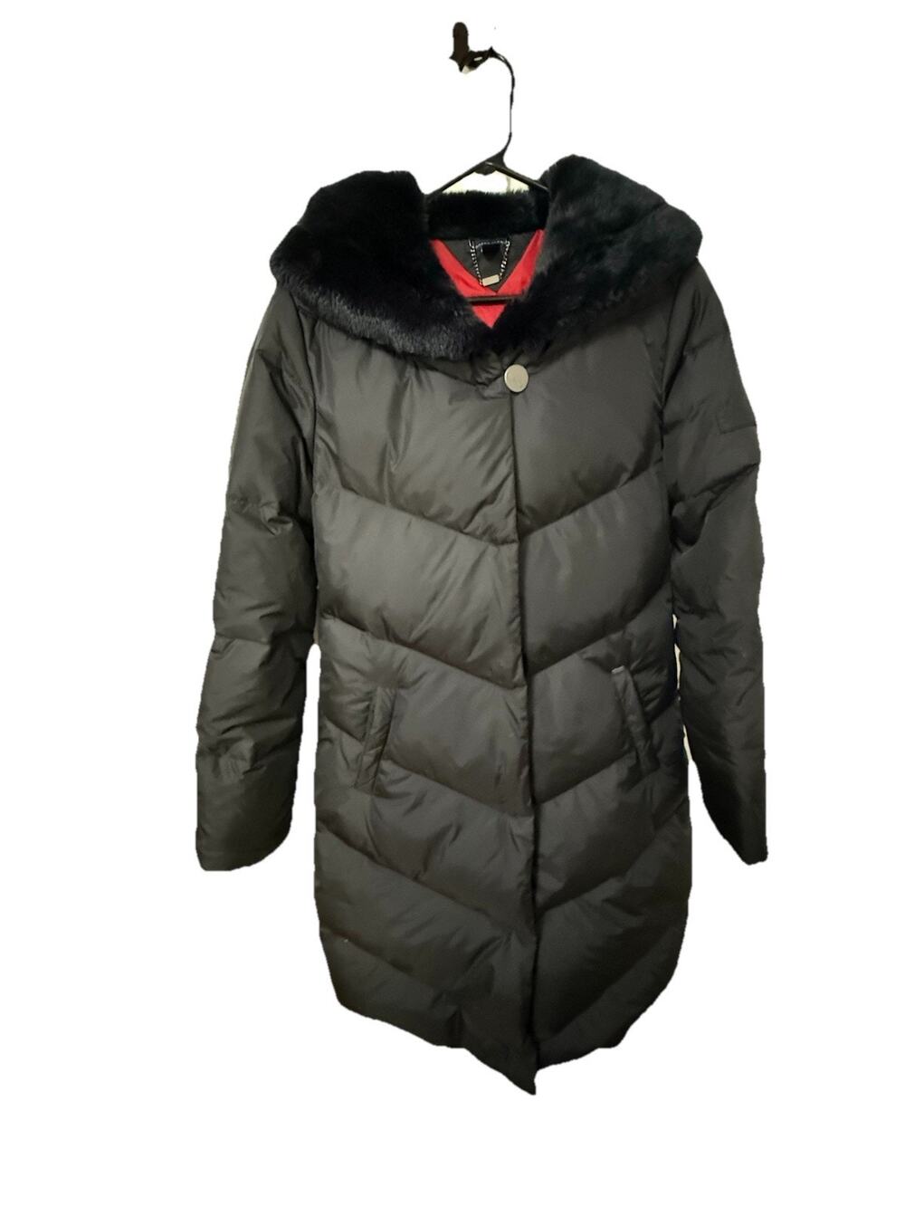 TOMMY HILFIGER Womenโs Black Puffer Coat Parka Jacket Fur Trim Down Blend S/P